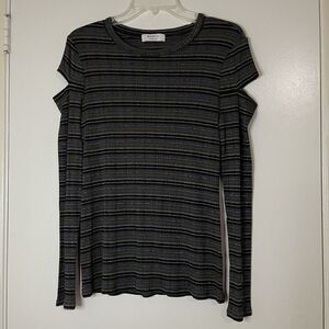 BAILEY 44 navy gold stripe long sleeve shimmer cutout knit shirt size large